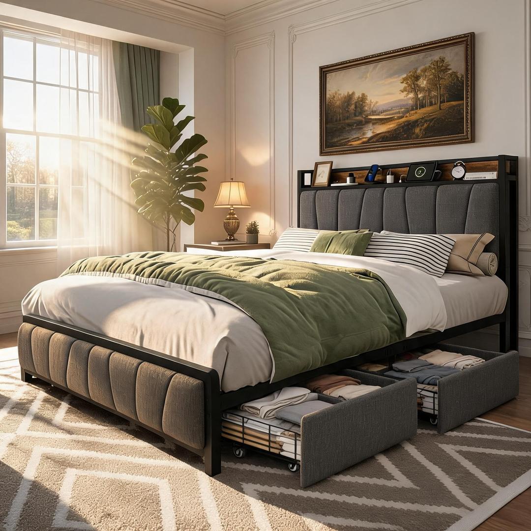 Garvee Queen Bed Frame with 2 Drawers, Upholstered Headboard with Storage and Charging Station, LED Lights, Under Bed Storage, No Box Spring Needed, Easy Assembly, Light Grey