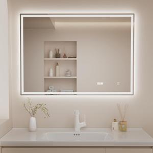 55"x 40" LED Bathroom Mirror with Lights, Tempered Glass Bathroom Vanity Mirror Frontlit & Backlit,Defogging,3 Color Lights,Time & Temperature Function,Led Mirror for Cloakroom,Barber Shop (Frameless)