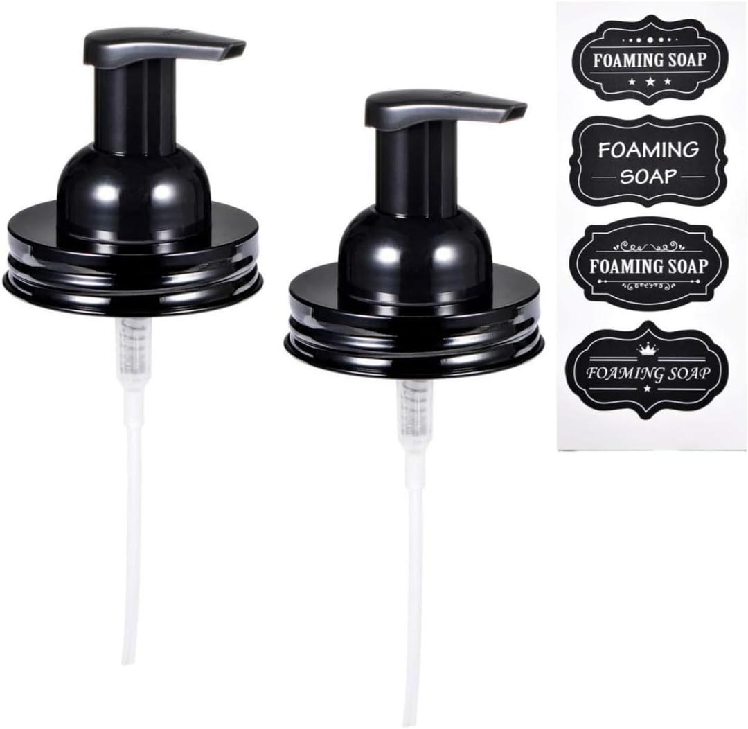 SheeChung 2 Pack Mason Jar Foaming Soap Dispenser Lids for Standard Mouth, Foaming Soap Dispenser Pump Replacement for Hand Sanitizer, Bath Liquid, Facial Cleansing Foam, Makeup Remover Water - Black
