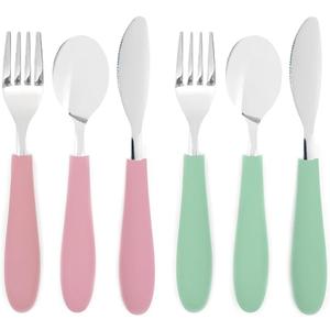 Elk and Friends Kids Silverware with Silicone Handle | Childrens Safe Flatware | Kids Utensils | Spoon + Fork + Knife set | 4 years+ | 6 Pieces (Blush/Sage)