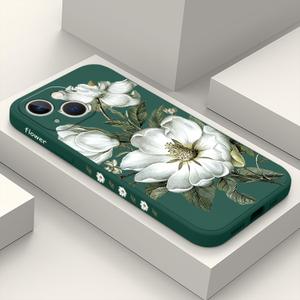 for iPhone 13 Mini Case Fashion Flower Pattern Slim Liquid Silicone Dropproof for iPhone 13 Mini Phone Cover 5.4 inch-Cotton Green