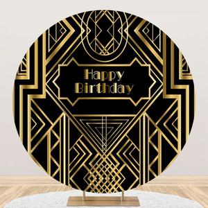 Renaiss 7x7ft Gatsby Happy Birthday Round Backdrop Cover Roaring 20's 20s Themed Circle Photography Background Vintage Black Gold Roars of 20's Dress-Up Birthday Party Decor Arch Photo Booth Props