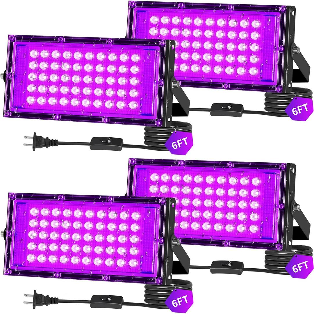 THECHAM 50W LED Black Lights IP66 Waterproof Black Light Outdoor with 5.9ft Plug+Switch, Flood Blacklight for Halloween Glow in The Dark Party Stage Light Neon Glow Birthday 4 Pack