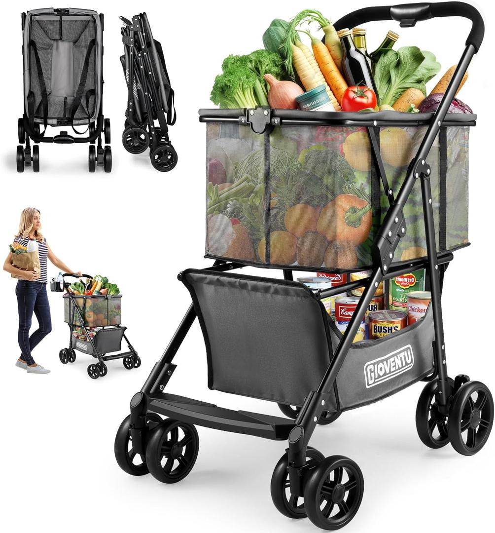 Folding Shopping Cart for Groceries, 80lbs Collapsible Grocery Cart with Removable Basket and Swivel Wheels, One-Hand Fold, Portable Personal Stroller Shopping Carts