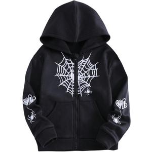 Girl's Zip Up Hoodies Long Sleeve Graphic Sweatshirt Outerwear with Pocket (Black)