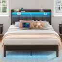Rolanstar Queen Bed Frame with LED Lights, Upholstered Headboard, Charging Station, Storage Shelves, Heavy Duty Metal Slats, No Box Spring Needed, Noise Free, Easy Assembly, Dark Grey