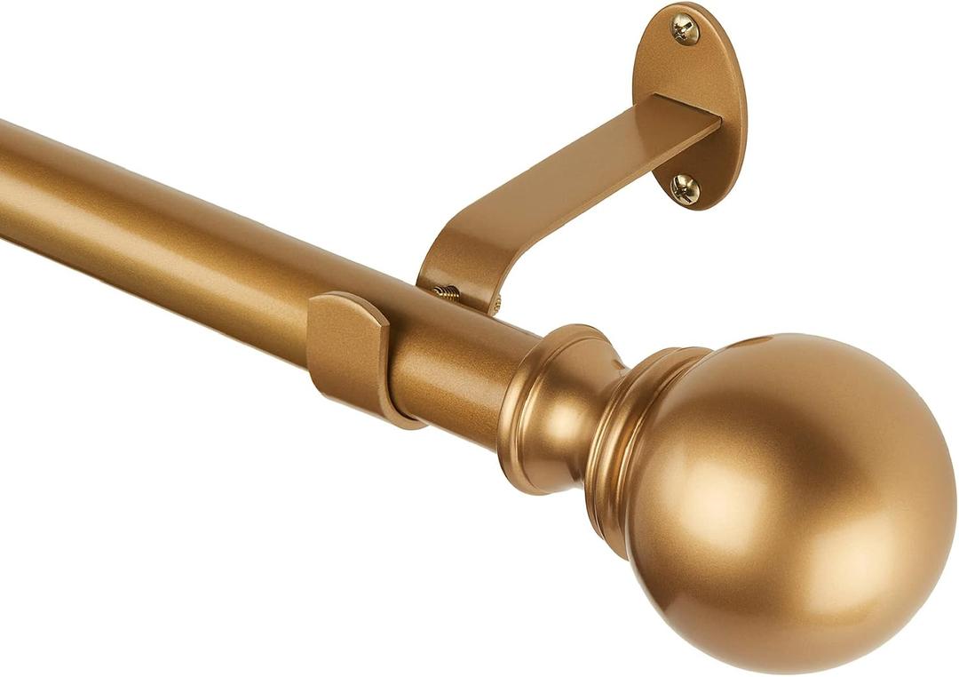 Elrene Home Fashions Cordelia Adjustable Single Curtain Rod with Globe Ball Finials, 1 Inch Diameter, Soft Gold, 28"-48"