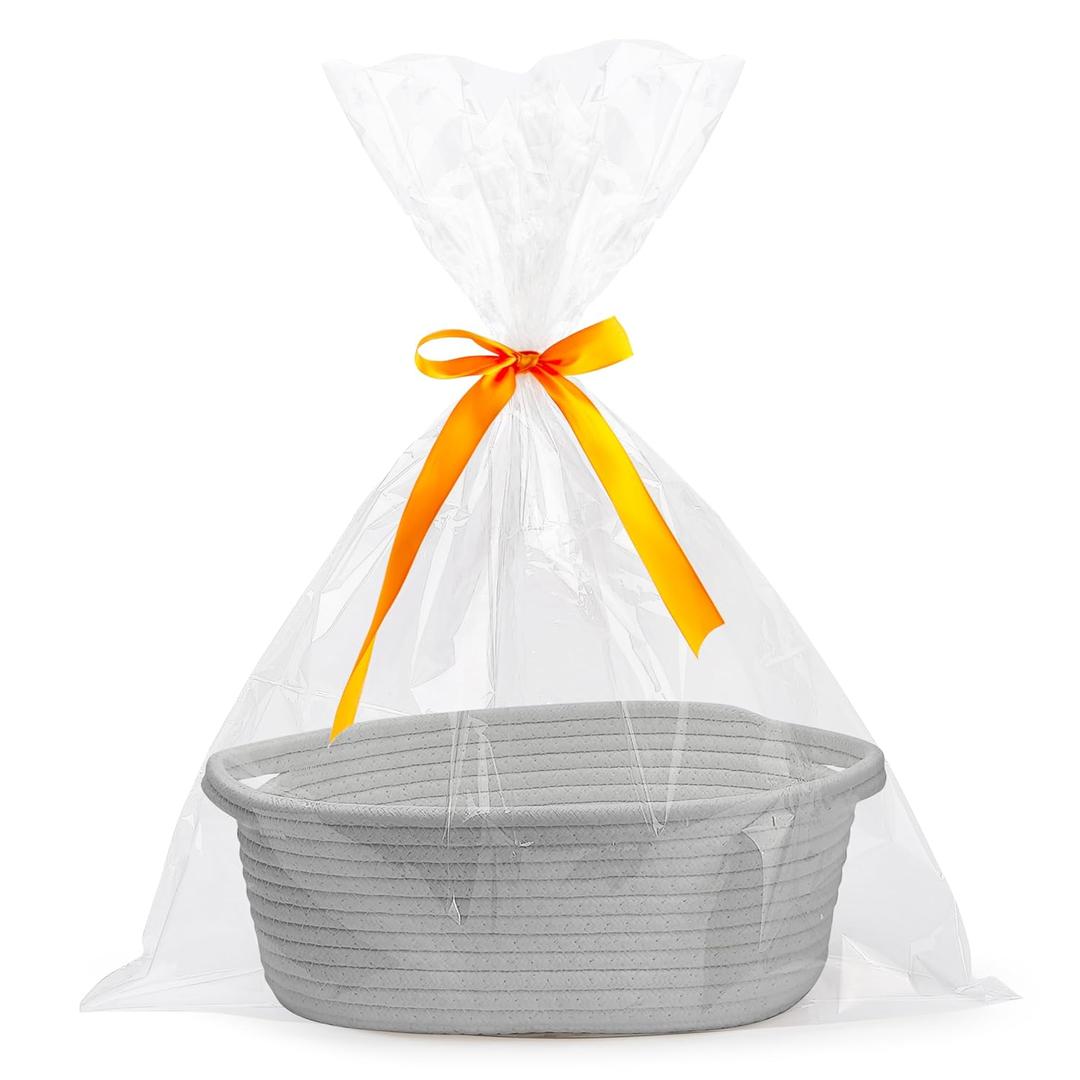 Pro Goleem Small Woven Basket with Gift Bags and Ribbons Durable Baskets for Gifts Empty Small Rope Basket for Storage 12"X 8" X 5" Baby Toy Basket with Handles, Gray (grey)