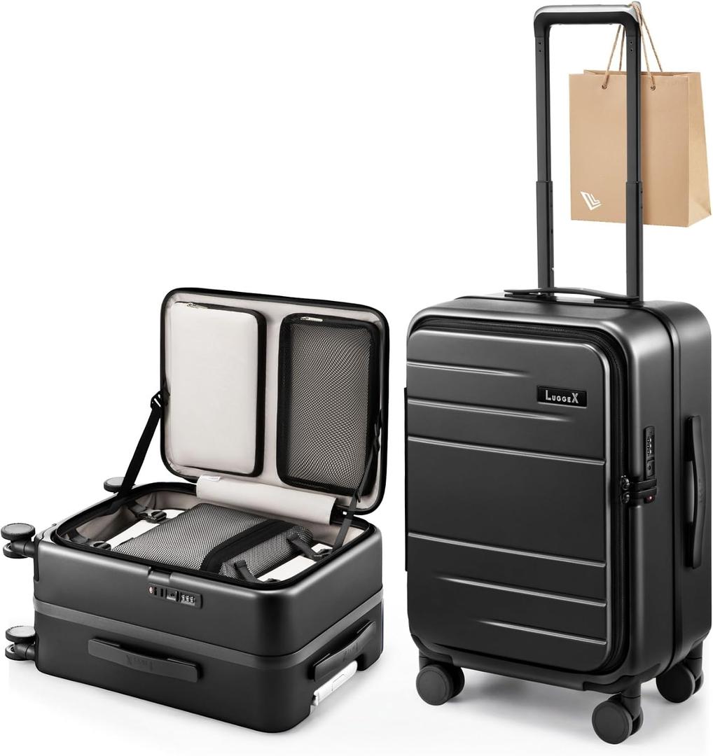 LUGGEX Carry On Luggage Top Opening, FLA Aluminum Frame Trunk Style Luggage, Polycarbonate Hard Shell Suitcase (FX-Enhance, Charcoal Metallic, 20 Inch, 38L)