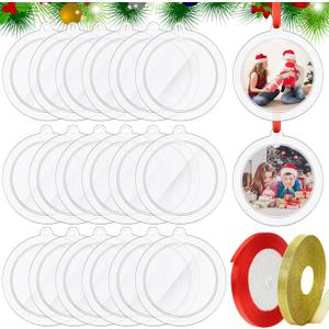 20 Pcs Christmas Clear Round Frame Ornaments with Red Ribbon and Glitter Gold Ribbon, 2.76 Inch Blank Round Photo Frame Bulk, Hanging Photo Ornaments for Christmas Tree Decoration