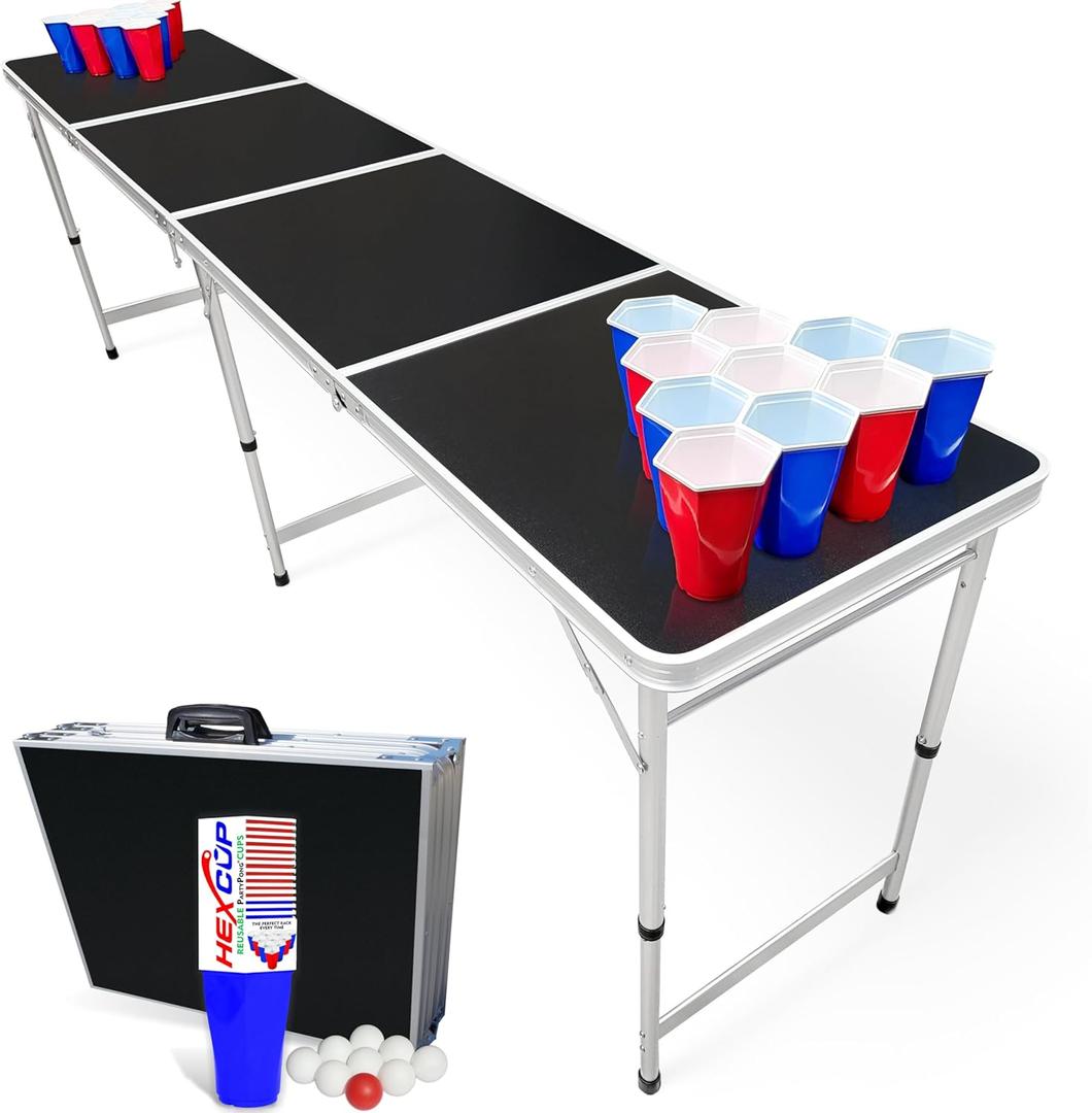 8-Foot Regulation Length Folding Table w/Optional Cup Holes, LED Lights, Custom Graphic (Choose Your Model) (Black)