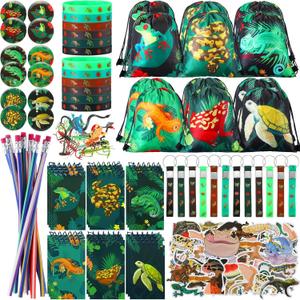 Paterr 142 Pcs Reptile Birthday Party Supplies Decorations Reptile Party Favors Bags Silicone Bracelet Wristbands Keychains Mini Notebooks Pencils Badges Stickers for Boy Girl Gift Reward