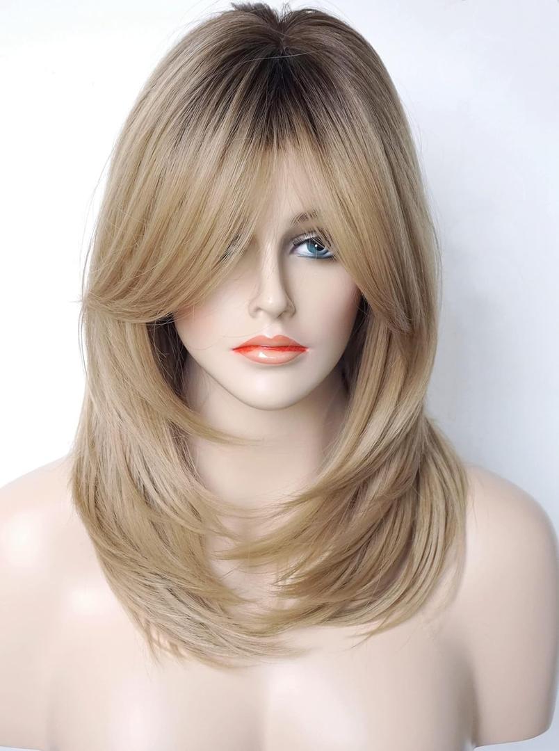 Beth Dutton Medium Length Layered Wig with Bangs - Synthetic Strawberry Blonde Wig for White Women (Sandy Blonde)