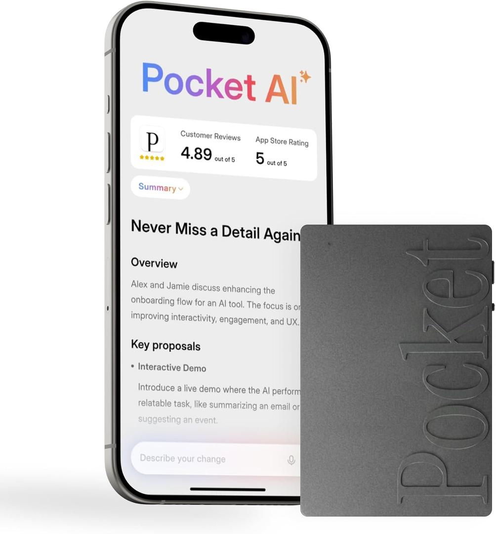 Pocket AI Voice Recorder & Smart Assistant  Auto Transcription, Summaries & Action Items  AI Note Taker for Meetings, Calls & Productivity - Space Grey