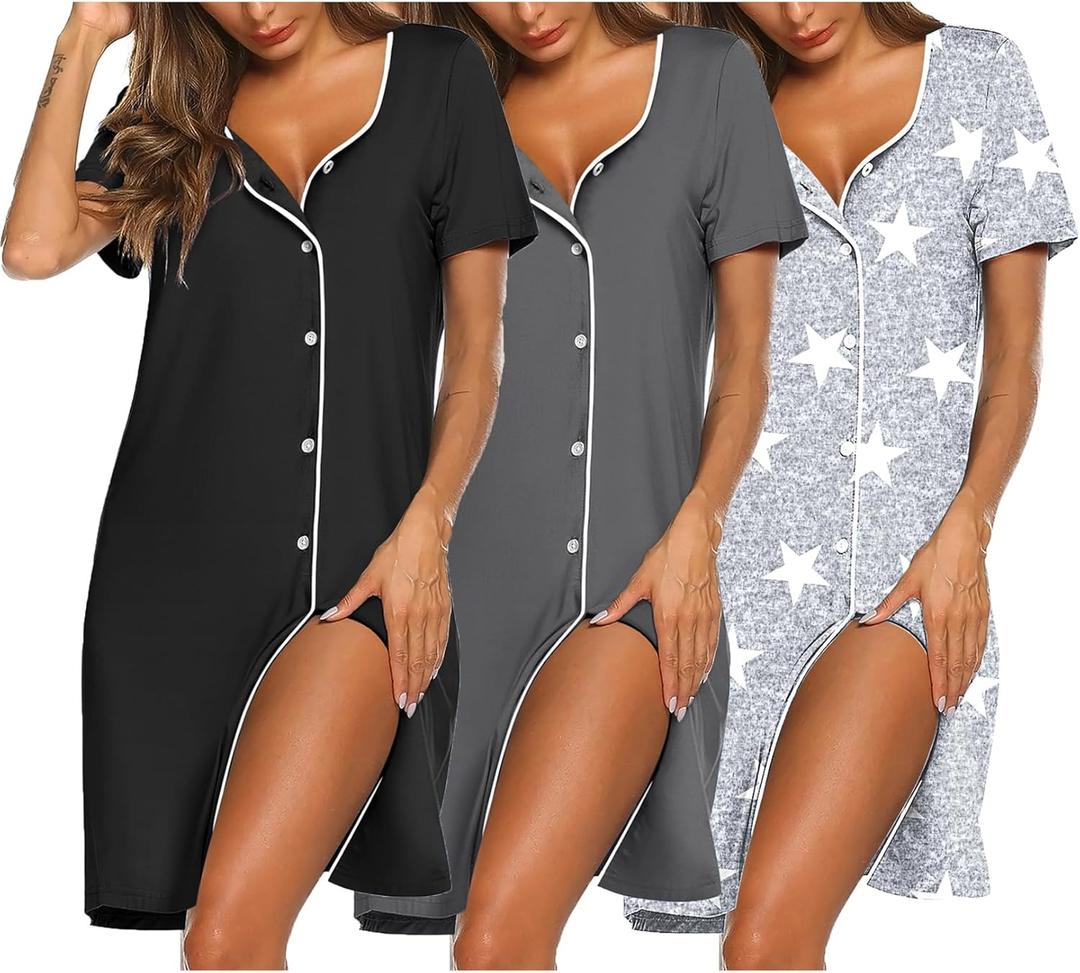 Ekouaer Nightgowns for Women 3 Pack Sleep Shirts Button Down Pajama Dress Short Sleeve Nightshirt Sleepwear Nightdress (Medium, Black/Grey/Light Grey Star)
