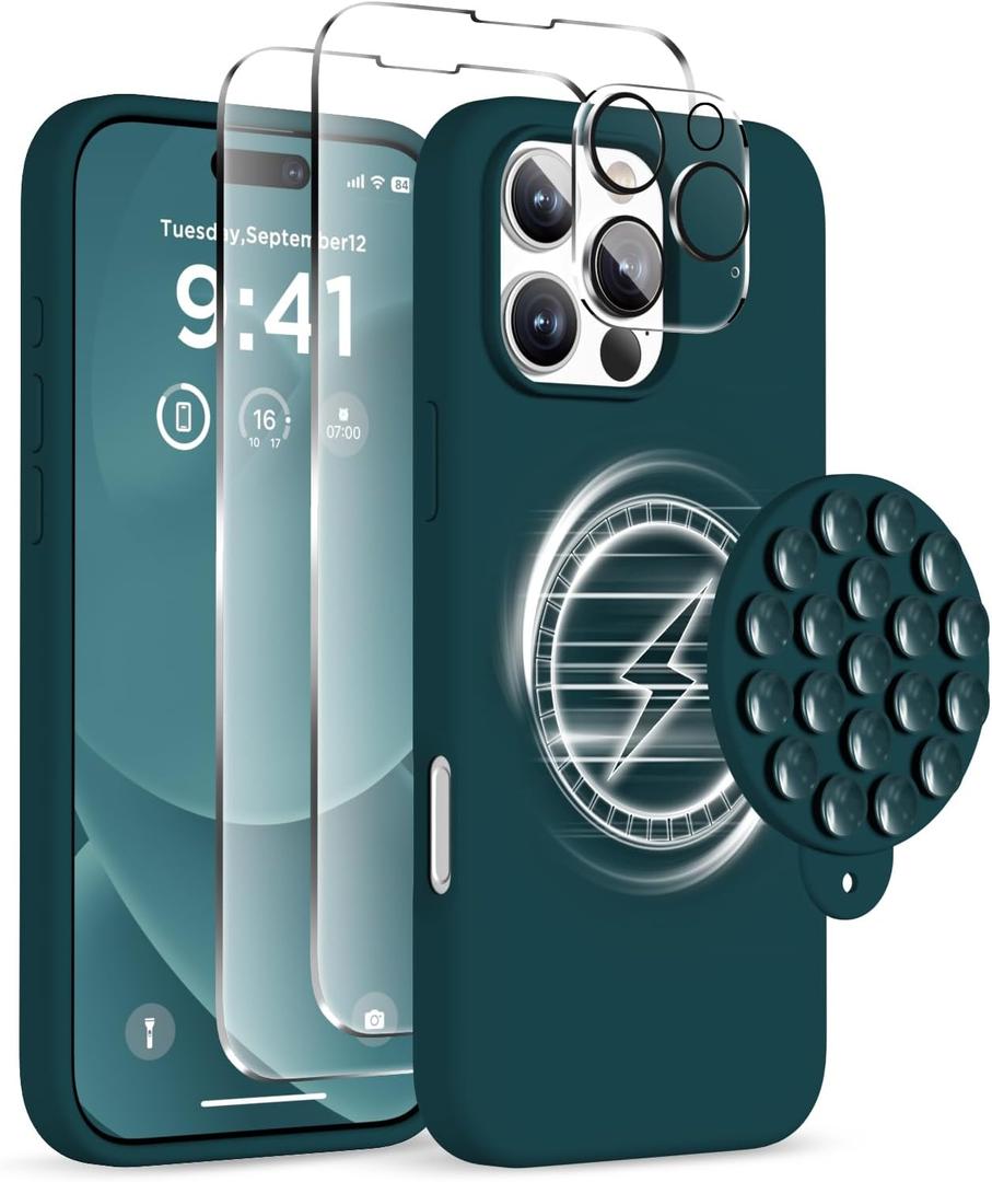 Magnetic for iPhone 16 Pro Case, Compatible with Magsafe, Suction Cup Phone Mount, 2 Screen Protectors - Camera Protector, Silicone Shockproof Protective Phone Cover 6.3", Dark Green