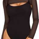 Popilush Long Sleeve Black Body Suits Womens Mesh Shapewear Bodysuit Tummy Control Two Piece Mock Neck Trendy Going Out Tops, XXL
