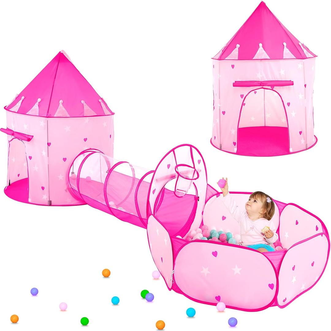 PigPigPen 3pc Kids Play Tent for Girls with Ball Pit, Crawl Tunnel, Princess Tents for Toddlers, Baby Space World Playhouse Toys, Boys Indoor& Outdoor Play House, Perfect Kids Gifts
