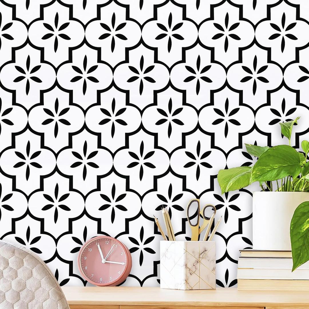 GloryTik Geometry Black/White Textured Wallpaper 17.7x393.7in, Removable Modern Trellis Decorative Contact Paper for Cabinets, Kitchen, Bathroom Walls