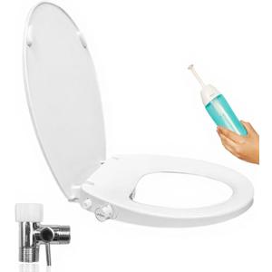GenieBidet Bidet Toilet Seat Elongated - Dual Nozzles with T adapter & Bottle - Adjustable Water Pressure & Slow Close Bidet Seat Elongated with No Wiring & Easy Installation