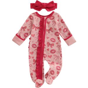 My First Easter Baby Girl Outfit Newborn Carrot Bunny Footie Jumpsuit Ruffle Zipper Romper Cute Easter Baby Clothes (Heart and Lip Print Red)