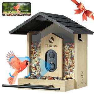 TT Nature Bird Feeder with Camera, Upgraded 1.5L Smart Bird Feeder with AI Identify for 10000+, Auto Capture & Real-time Notifications, Ideal Gift for Christmas (Wooden Roof)