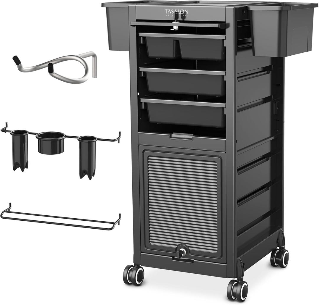 TASALON Professional Rolling Salon Cart, 6-Drawer Storage Trolley with Tool Holders, 33-Inch Height,Barber Shop Hairdressing Beauty Versatile Equipment Black