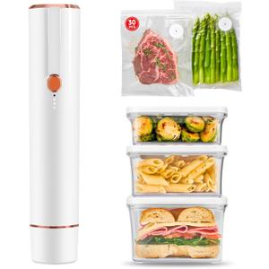 Vacuum Sealer, Vacuum Sealer for Food Compact Handheld Vac Seal Machine, Seal Meal Saver Portable Food Sealer (Vacuum Sealer Machine + 3 Food Storage Containers + 30 Reusable Bags) (White)