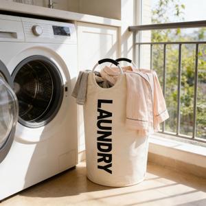 1pc 90L Large Laundry Hamper, Laundry Basket Stands Up Well, Collapsible Folding Tall Clothes Hamper, Easy Carry with Foam Protected Aluminum Handles for Bathroom, College, Travel (Light Grey)