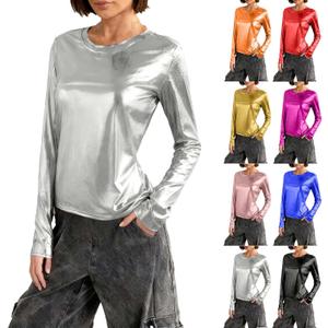 Metallic Tops for Women Long Sleeve Shimmer Disco Party T-Shirt Slim Going Out Club Sparkly Blouses Concert Outfit (Medium, #C08-silver)