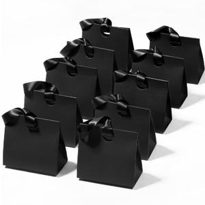 Vitalizart Paper Gift Bags With Ribbon Handles Set of 10 Black Bulk Reusable For Gift Wrap Girls Kids Birthday Bridal Shower Party Favors Goodie Bags Candy Christmas 6.1"x2.95"x5.71" Mini