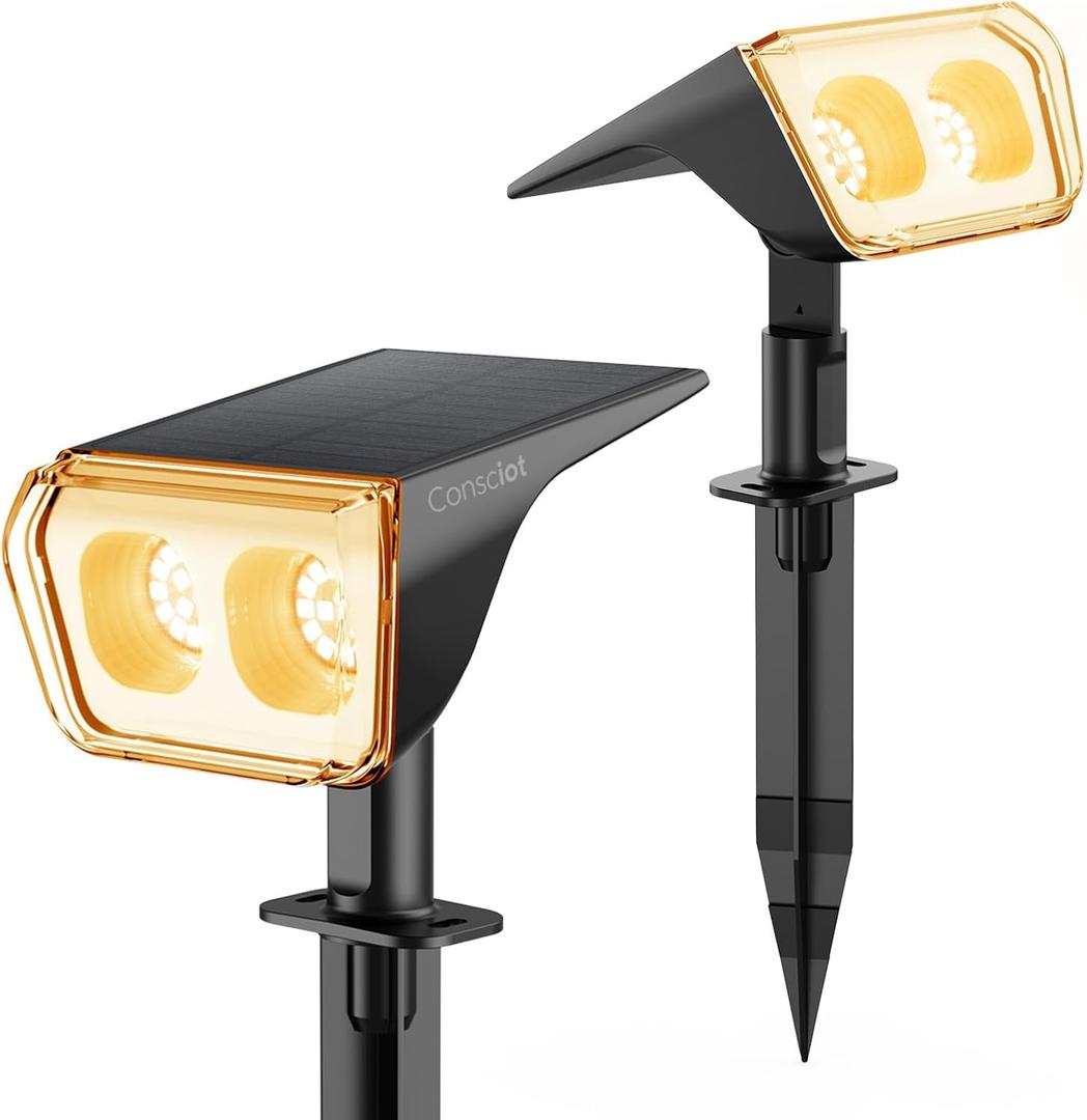 Consciot Solar Spot Lights Outdoor Waterproof, 24 LED Dusk-to-Dawn Solar Spotlight, 2 in 1 Adjustable Wall Lights, Warm White Solar Landscape Spotlights for Garden Yard Wall Walkway, 2 Pack