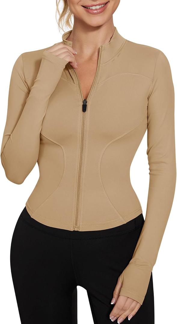 LUYAA Womens Zip Up Jackets Long Sleeve Hoodies Gym Sweaters Workout Clothes 2023 Khaki L