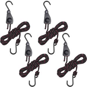 Longer 1/4" Adjustable Rope Hanger, 4Pcs 12FT Heavy Duty Tie Down Ropes, Ratchet Strap for Grow Light Hanging Plant Tent Carport Motorcycle Boat SUV Truck Bicycle (Black&White)