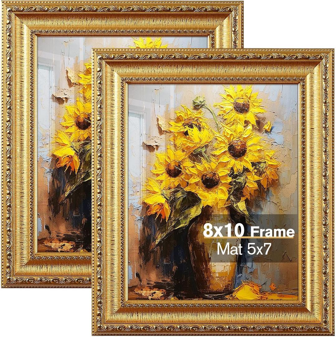 Splinterix 8x10 Gold Picture Frame, Photo Frame for Wall or Tabletop Display, 4 Pack Ornate Vintage Picture Frames with Real Glass, Display Poster 5x7 with Mat or 8x10 without Mat for Antique Décor