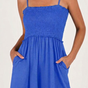 Smocked Rompers for Women Summer Sleeveless Square Neck Shorts Rompers Casual Beach Tank Top Jumpsuit with Pockets Blue, 2XL