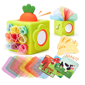 hahaland Silicone Baby Tissue Box Toy  Baby Toys 612 Months Montessori Toys for 6 Month Old Babies, 6in1 Soft Busy Activity Cube with Scarves, Crinkle, Textures, Mirror, Sensory Popper 9 Month Old