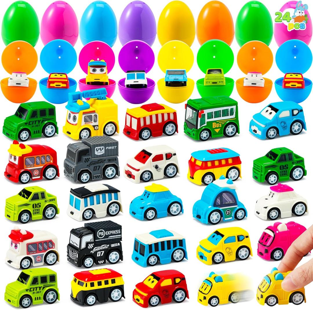 JOYIN 24 Pcs Prefilled Easter Eggs with Toys, Plastic Eggs with Colorful Cars, Basket Stuffers, Party Favors for Kids, Easter Game, Classroom Prize Supplies