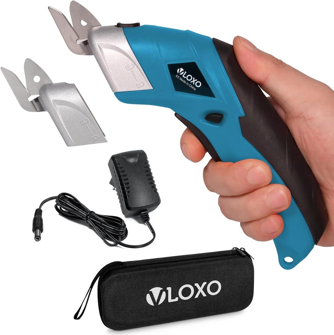 VLOXO Cordless Electric Scissors Super Scissors with 2 Type Blades Rechargeable Cardboard Cutter Powerful Cutting Tool for Fabric Cardboard Carpet Leather Felt Blue CS4001