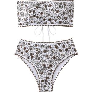 WDIRARA Women's Floral Print Strapless Lace Up Bikini Swimsuit 2 Piece Bathing Suit, S