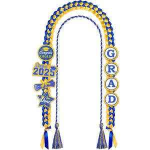 Graduation Leis 2025 and Cords, Grad Money Leis with 8 Grad Glitter Patches for Graduation Party Decorations (Blue & Gold)