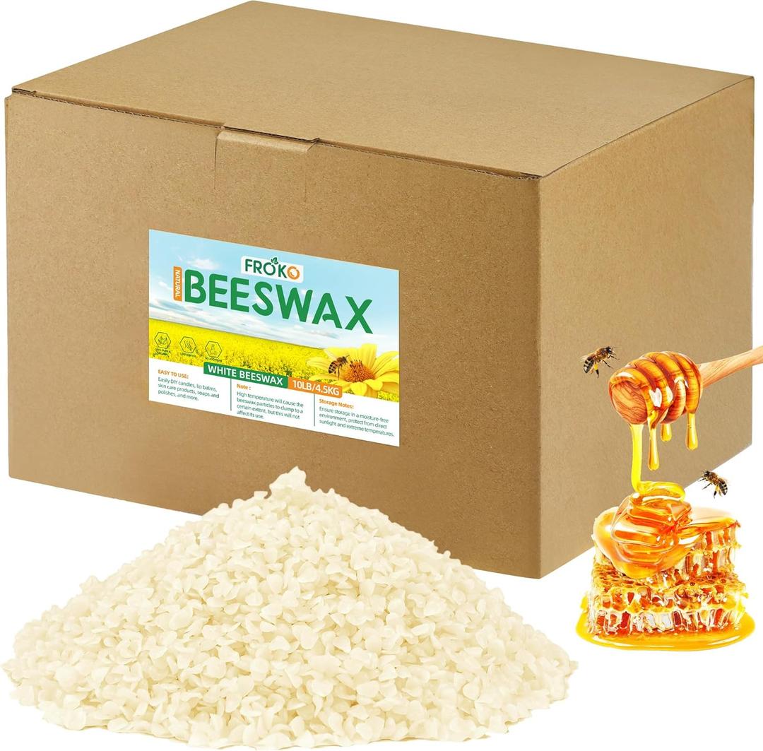 FROKO White Natural Beeswax Pellets 10LB, Organic Beeswax, Beeswax for Candle Making, Body, Skin Care DIY, Lip Balm, Soap and Lotion Making Supplies