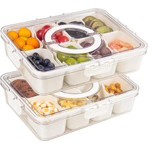 2 Pack Snackle Box Container with 8 Compartments, Clear Divided Serving Tray with Lid and Handle, Snack Bento Box for Charcuterie, Candy, Fruits, Nuts, Picnic, Travel, Beige