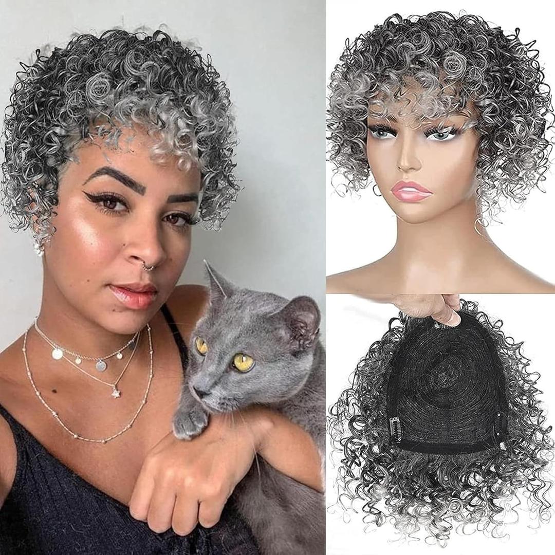 Oseti Grey Hair Toppers for Women with Thinning Hair Curly Hair Topper Clip in Toppers Hair Pieces for Black Women Mens Synthetic Salt and Pepper Wig Toppers for Women with Thinning Hair (T1B/GREY#)