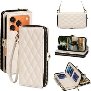 Rssviss Crossbody Case for iPhone 17 Pro Case Wallet, RFID Blocking Leather with Card Holder Kickstand, Handbag Zipper Flip Cover with Wrist Strap for iPhone 17 Pro Men Women 6.3", White