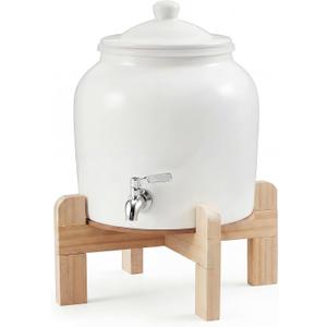 FillTouch Ceramic Water Dispenser Crock Water Dispenser with Wood Stand 304 Stainless Steel Faucet, Valve and Lid for 3 to 5 Gallon Jugs Porcelain Cooler Home Office Indoor Outdoor (White)