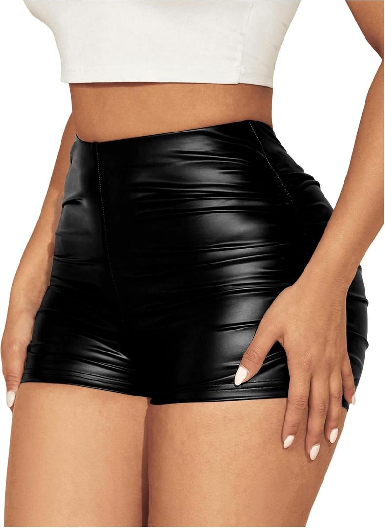 Milumia Women's Ruched Faux Leather Mini Shorts High Waist Sexy Going Out Rave Shorts (Large, Black)
