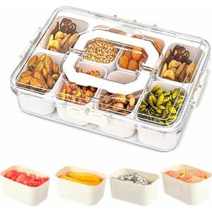 Divided Serving Tray with Lid and Handle,8 Compartments Snacks Box Charcuterie Board Container Storage Organizer for Fruit Candy Veggie Nuts Snacks Party Entertaining Picnic