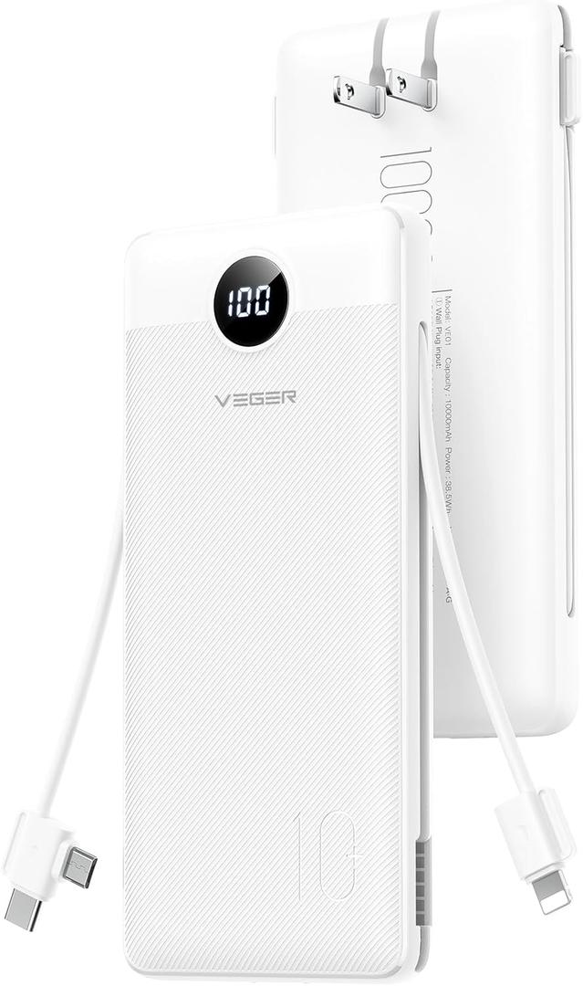 VEGER All in One Travel Portable Charger with Built-in AC Plug & Cables, 10000mAh Slim Power Bank Battery Pack, 15W Fast Charging Compatible with iPhone, Samsung, Android-White