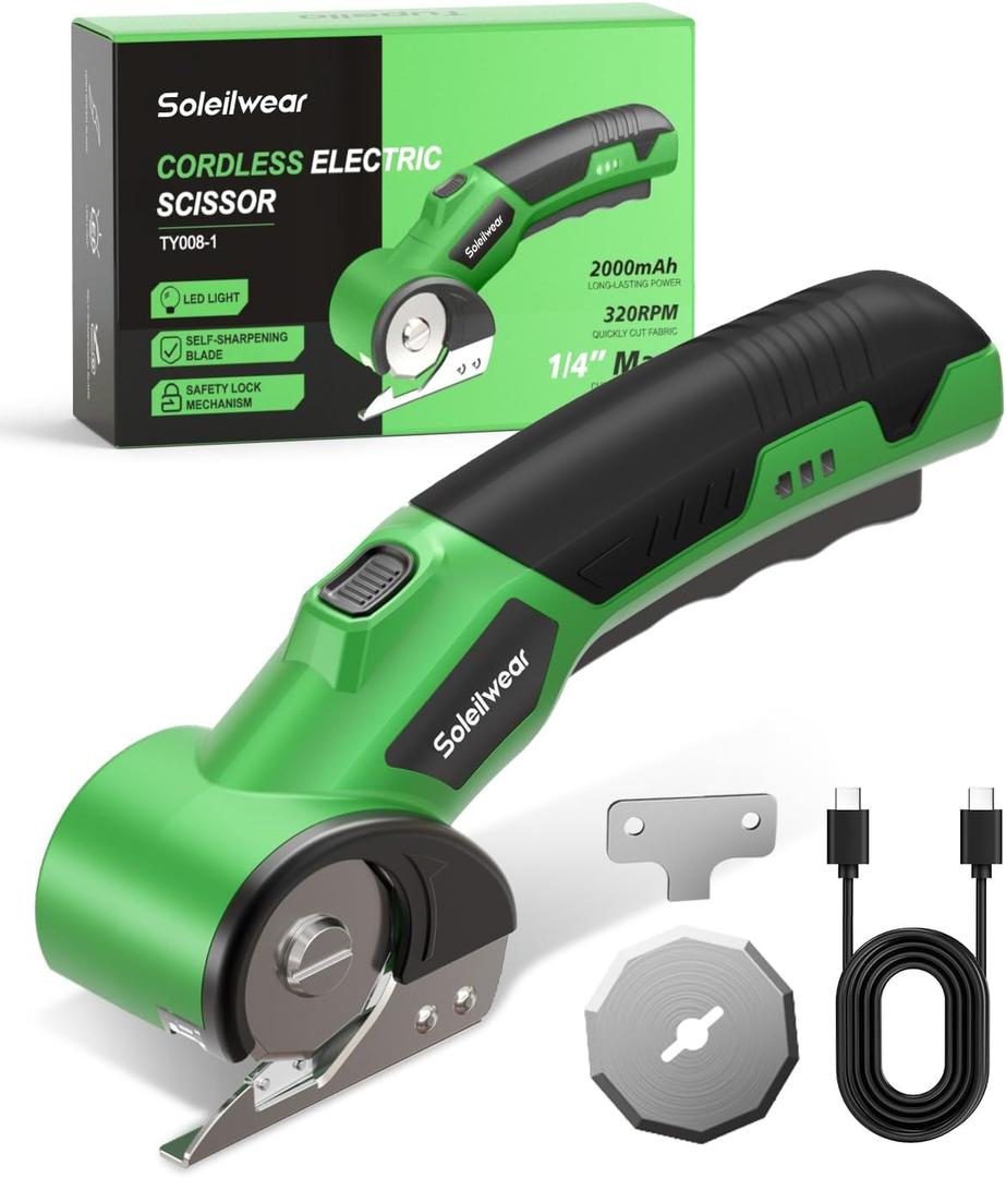 Cardboard Cutter, Rechargeable Cordless Electric Scissors, 4V Upgrade Motor Electric Box Cutter with 2 Blades, Safety Lock & LED Light, Powerful Cutting for Cardboard Box, Plastic, Leather (Green)